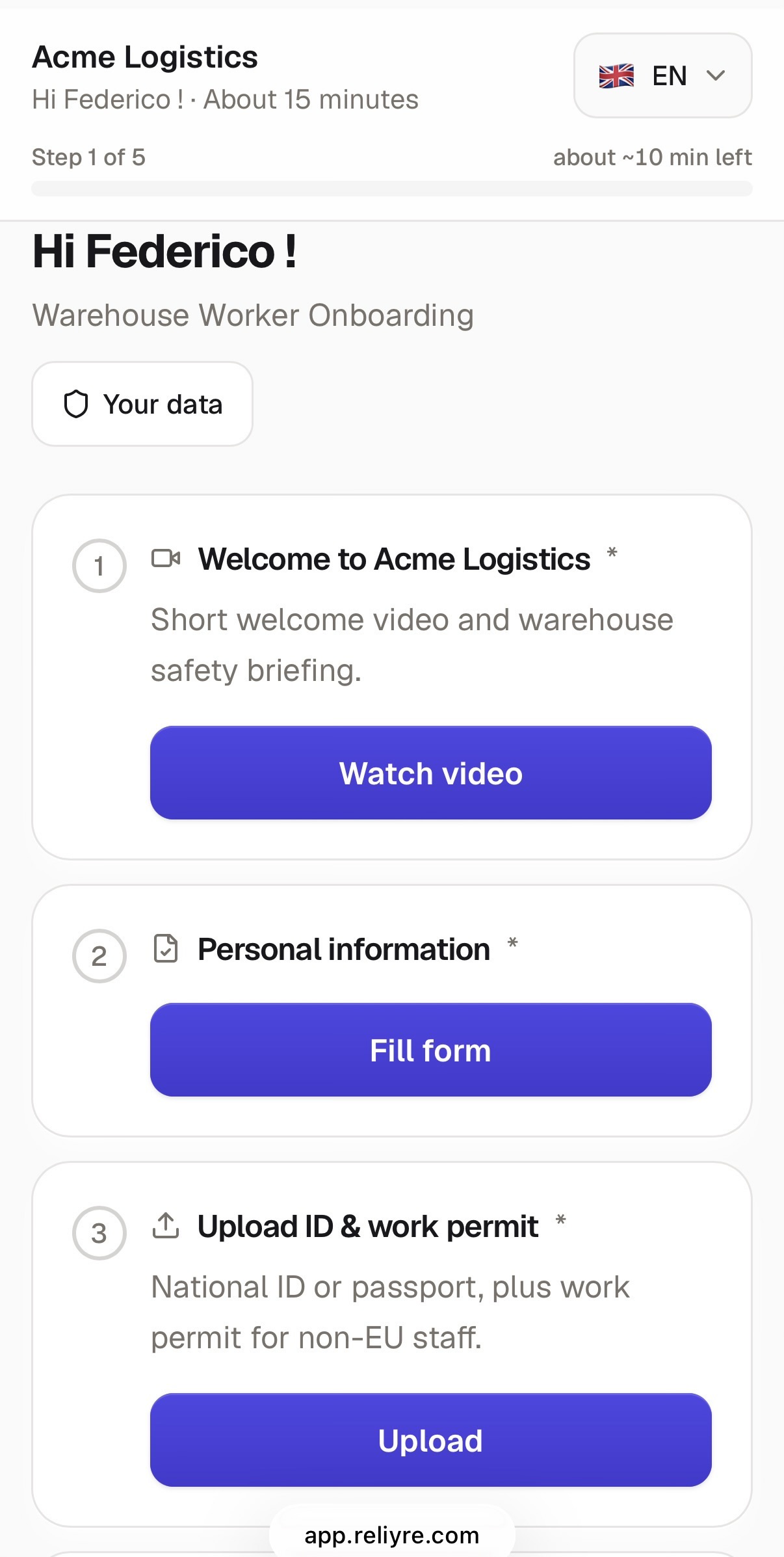 Reliyre mobile worker portal showing a warehouse onboarding checklist